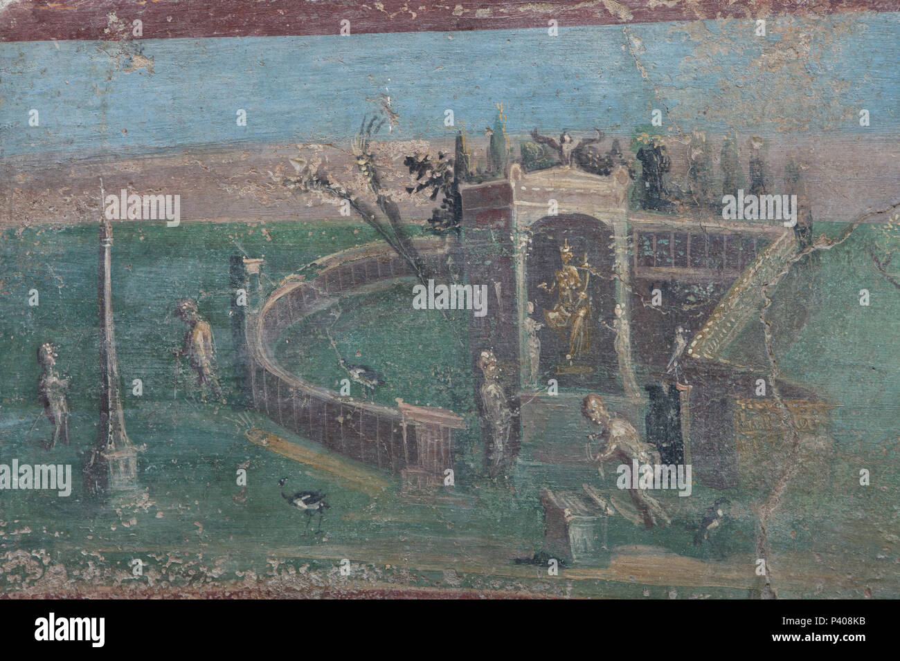 Paesaggio nilotica con una statua della divinità Isisde - Fortuna in un edicola rappresentato in affresco Romano nel triclinio estivo (Romano la sala da pranzo della Casa del Ephebe (Casa dell'Efebo) nel sito archeologico di Pompei) vicino a Napoli, campania, Italy. Foto Stock