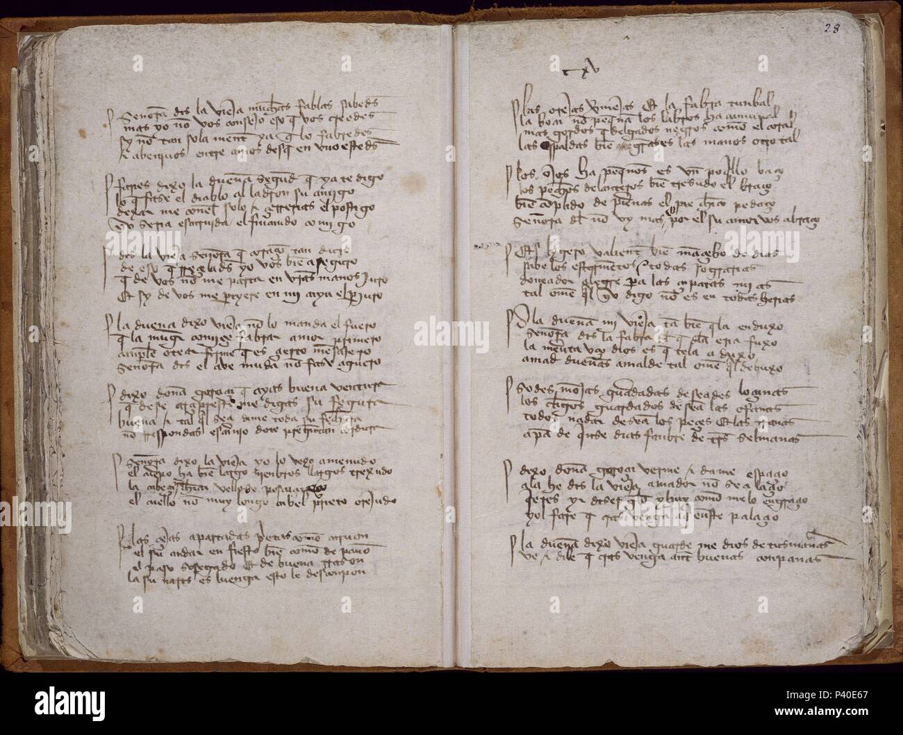 LIBRO DEL BUEN AMOR - F 27V Y 28 - MANUSCRITO SIGLO XIV. Autore: Arcipreste de Hita (RUIZ JUAN). Posizione: Biblioteca Nacional-COLECCION, Madrid. Foto Stock