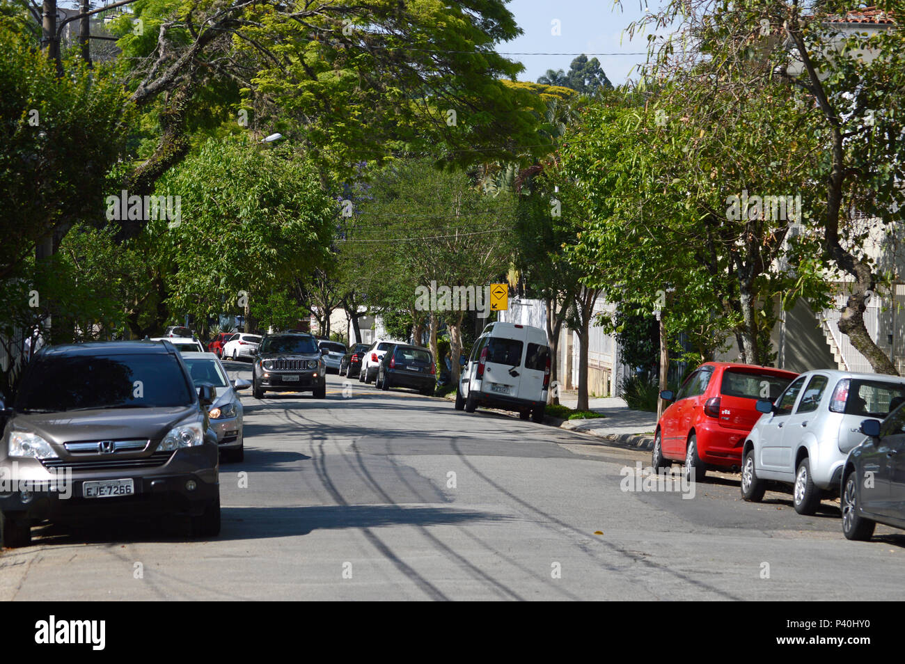 Bairro nobre. Rua residencial arborizada com casas de alto padrão na região do Pacaembu, Zona Oeste. Foto Stock