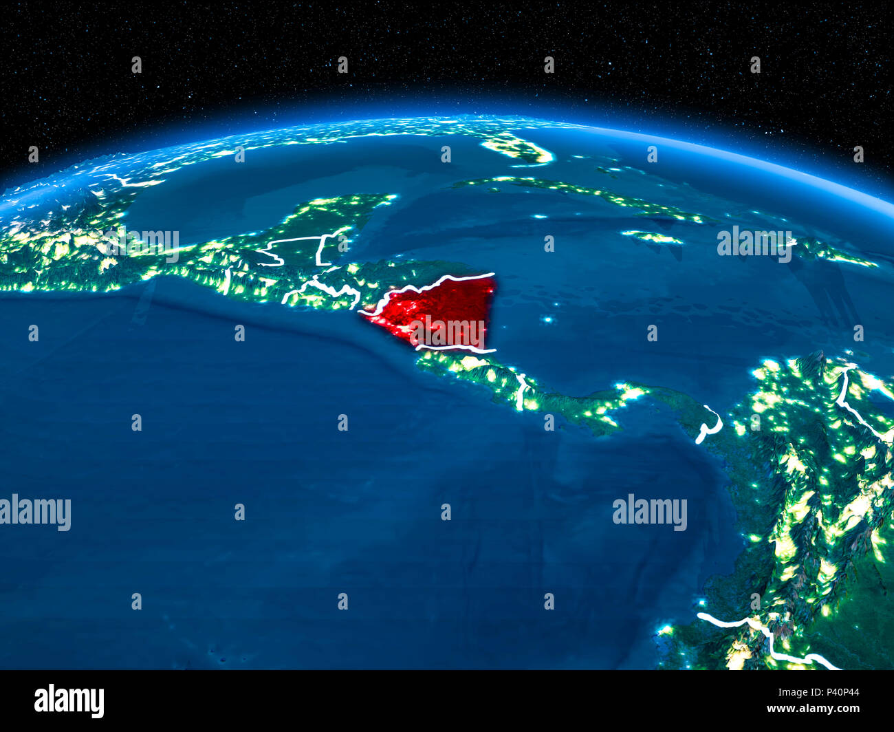 Vista orbita del Nicaragua evidenziata in rosso con confini visibili e luci della città sul pianeta terra di notte. 3D'illustrazione. Gli elementi di questa immagine Foto Stock