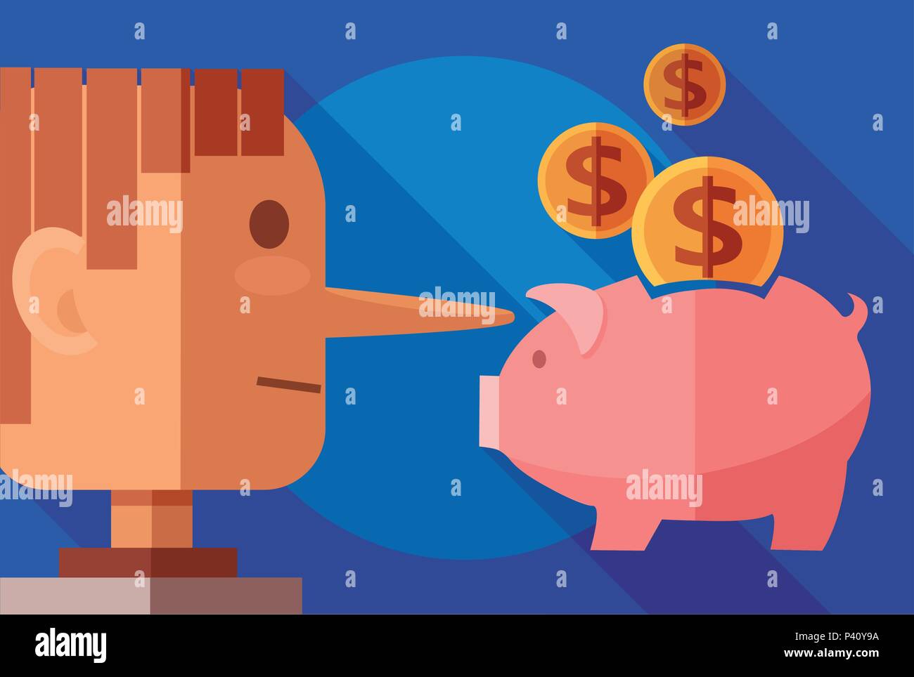 Finanza e concetto di frode. Profilo laterale di un uomo bugiardo e un salvadanaio Illustrazione Vettoriale