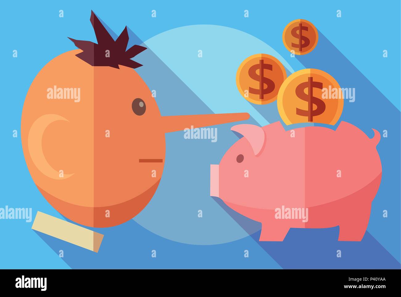 Finanza e concetto di frode. Profilo laterale di un uomo bugiardo e un salvadanaio Illustrazione Vettoriale