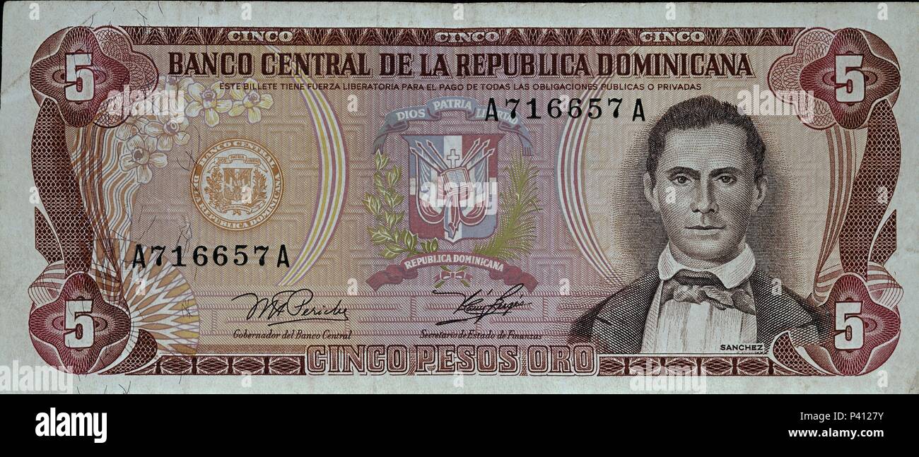 BILLETE DE LA REPUBLICA DOMINICANA - 5 pesos DE ORO - SANCHEZ - ANVERSO. Foto Stock
