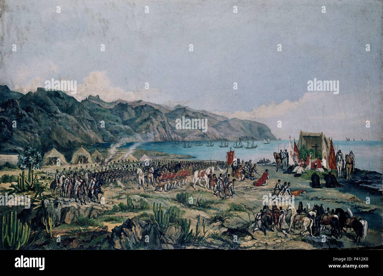 LA PRIMERA MISA EN TENERIFE - SIGLO XIX. Autore: Gumersindo Ne Robayna y Lazo (1829-1898). Posizione: il museo municipale, SANTA CRUZ DE TENERIFE, Spagna. Foto Stock