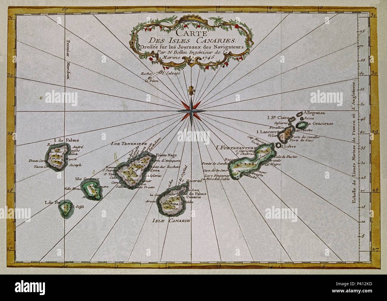 MAPA de las islas Canarias - año 1746. Autore: N. Bellin (XVIII sec.). Posizione: il museo municipale, SANTA CRUZ DE TENERIFE, TENERIFFA, Spagna. Foto Stock