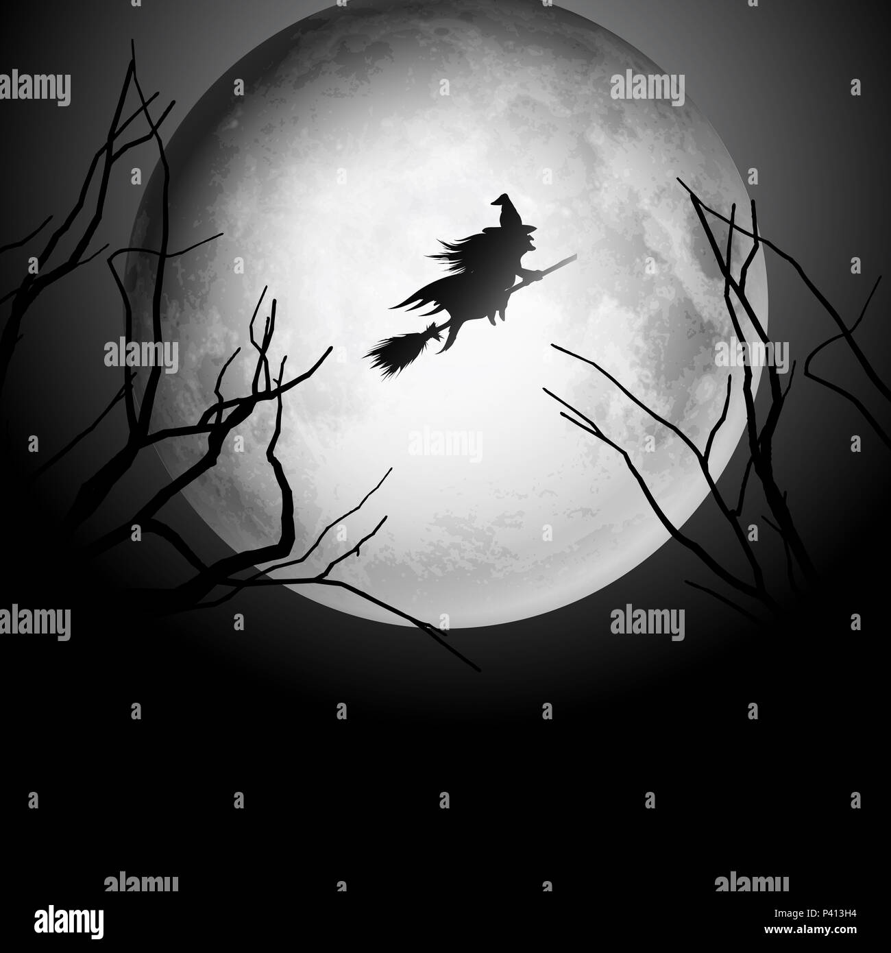 Sfondo di Halloween con silhouette di una strega volare nel cielo notturno Foto Stock