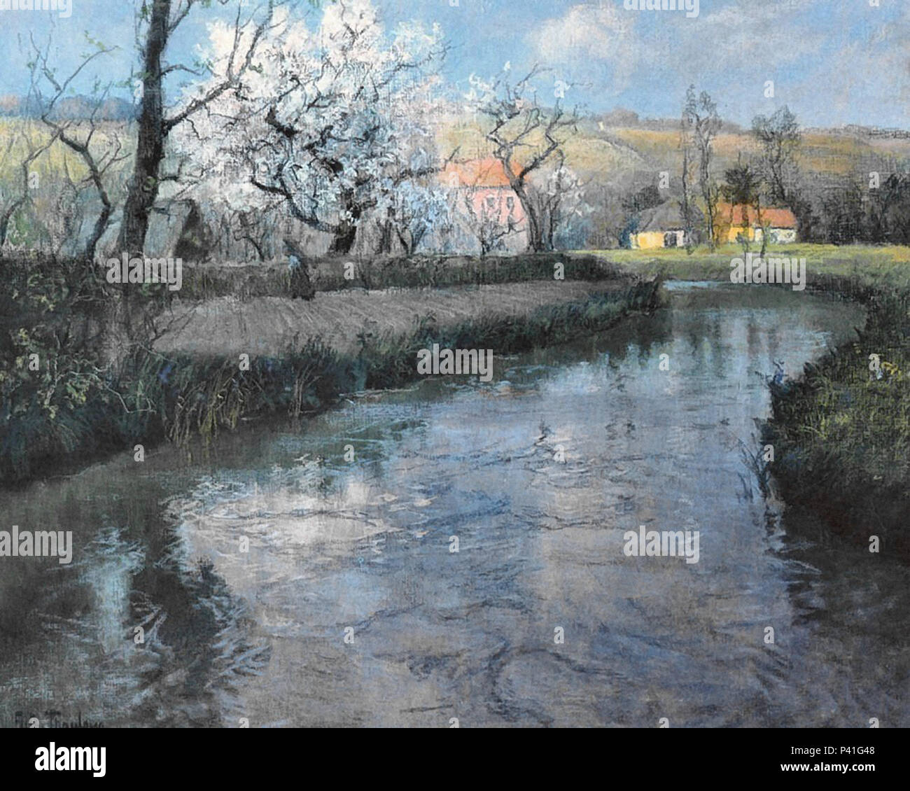 Frits Thaulow - un Francese paesaggio fluviale Foto Stock