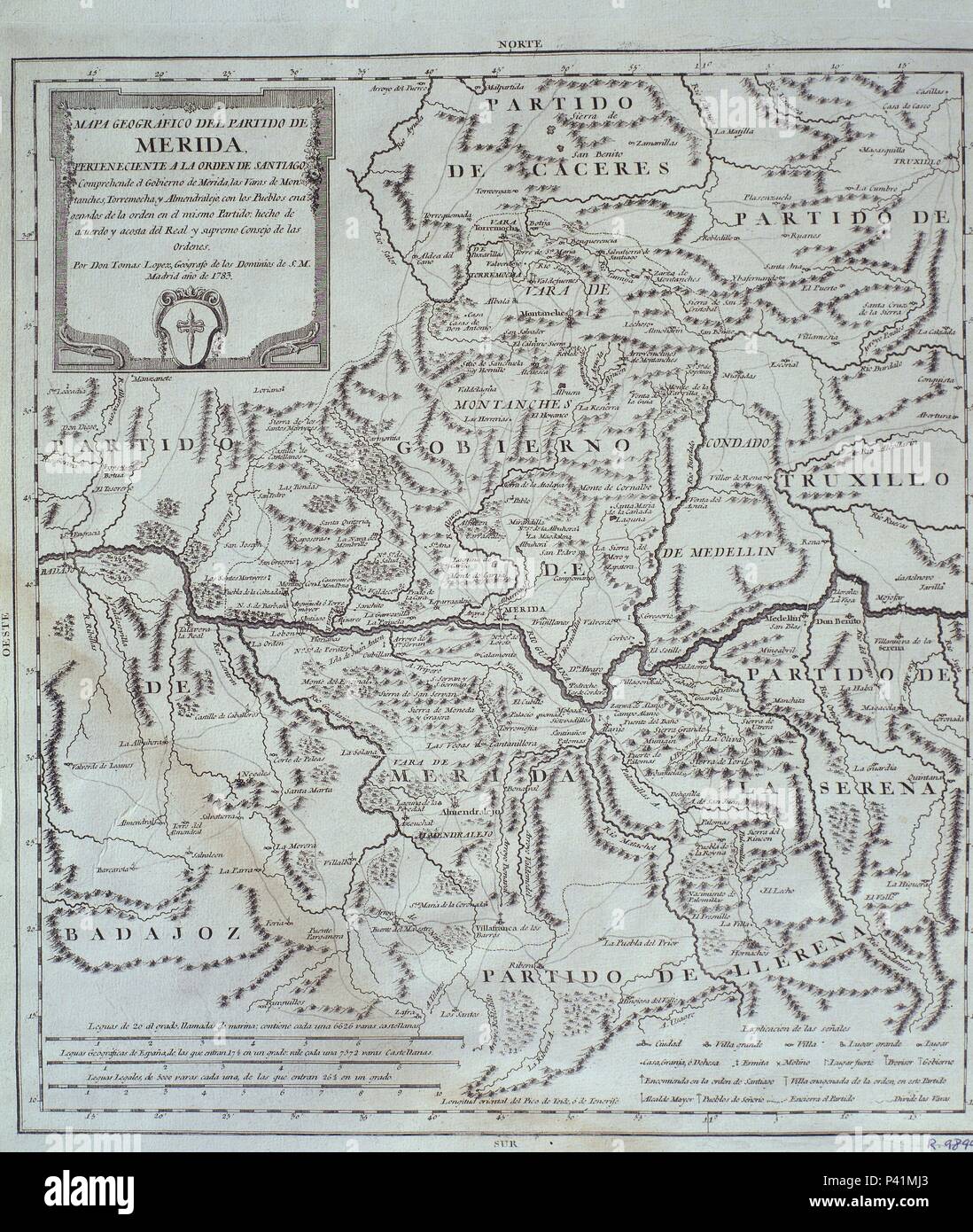 MAPA DEL PARTIDO DE MERIDA - SIGLO XVIII. Autore: Tomás López (1730-1802). Posizione: Biblioteca Nacional-COLECCION, MADRID, Spagna. Foto Stock