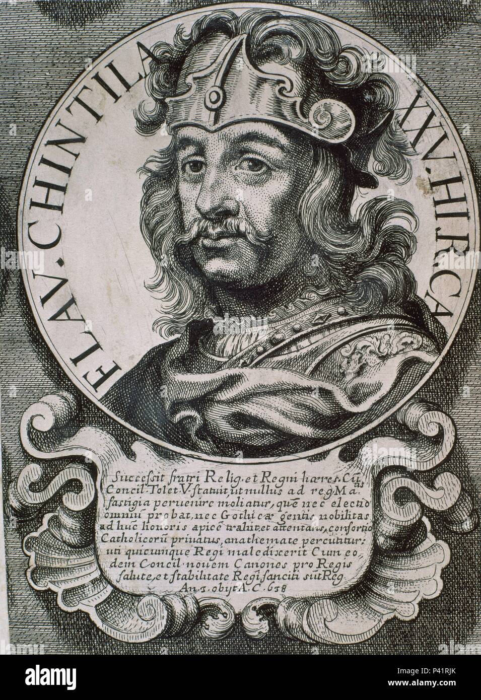 CHINTILA (?-640) REY DE LOS VISIGODOS ENTRE LOS AÑOS 531 Y 548 - effigi serie ET REGUM HISPANIAE - GRABADO SIGLO XVII. Autore: Arnoldo van Westerhout (1651-1725). Posizione: Biblioteca Nacional-COLECCION, MADRID, Spagna. Foto Stock