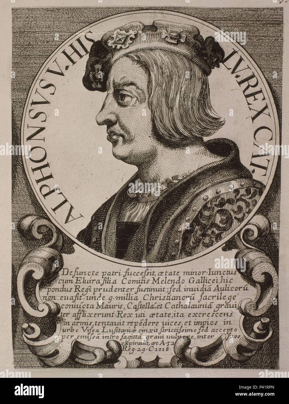 ALFONSO V EL nobile (994-1028) REY DE LEON desde el año 999 al 1028 - effigi serie ET REGUM HISPANIAE - GRABADO SIGLO XVII. Autore: Arnoldo van Westerhout (1651-1725). Posizione: Biblioteca Nacional-COLECCION, MADRID, Spagna. Foto Stock