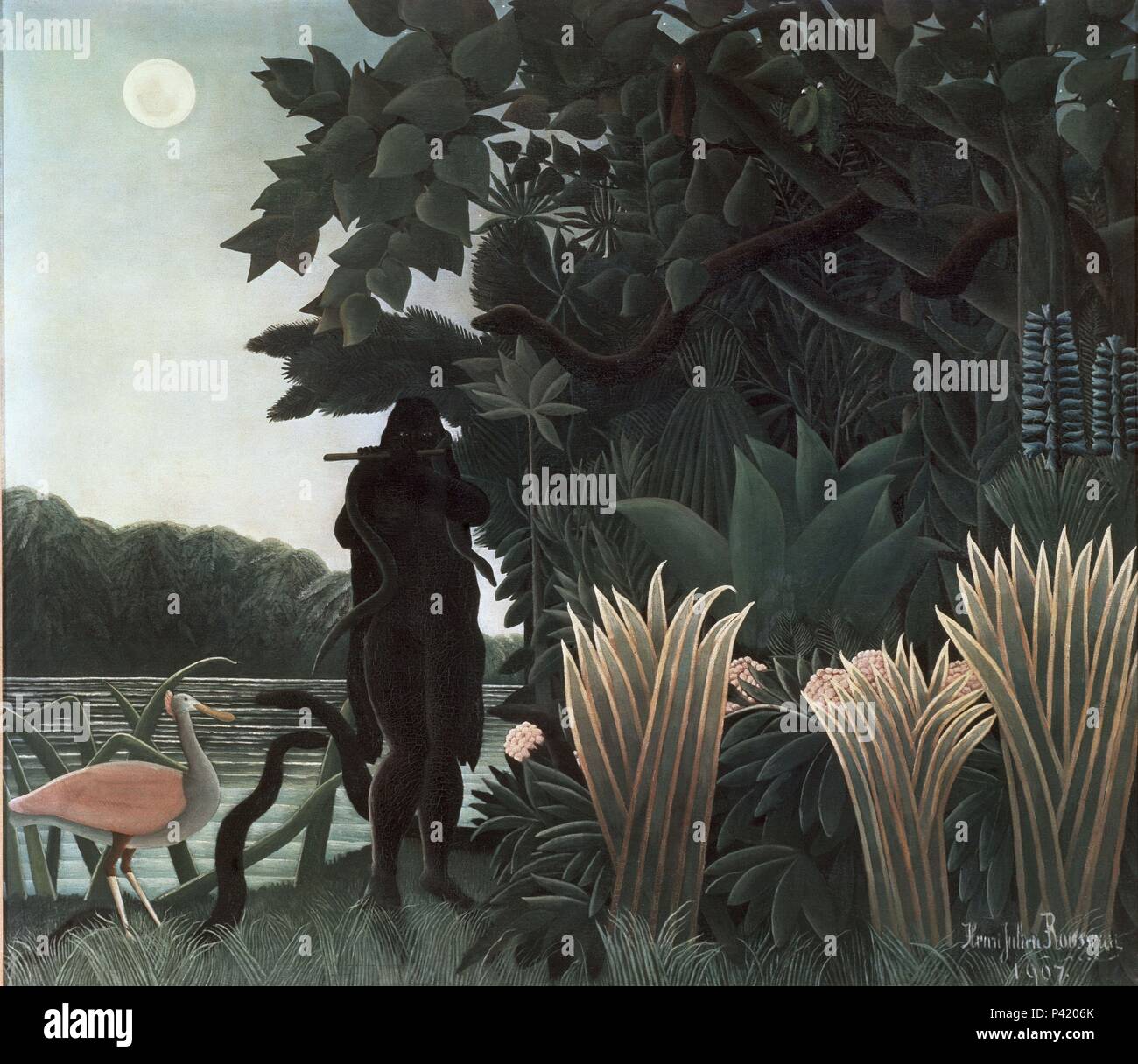 Il Serpente incantatore - 1907 - 169x189 cm - Olio su tela. Autore: Henri Rousseau (1844-1910). Posizione: MUSEE D'Orsay, Francia. Noto anche come: LA ENCANTADORA DE SERPIENTES; LA CHARMEUSE DE i serpenti. Foto Stock