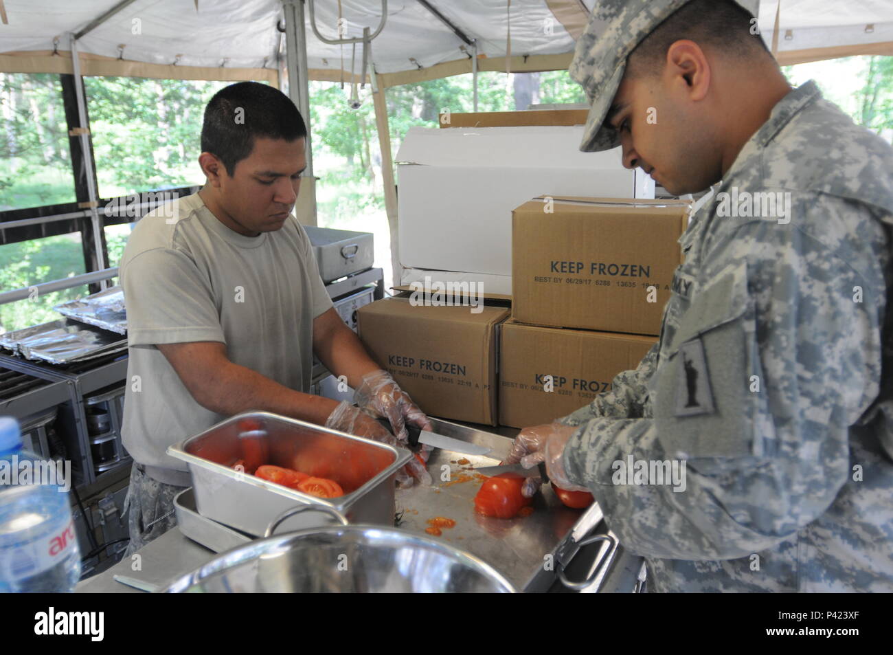 Pfc. Gabriel Royz e SPC. Prabhpreet Singh fetta di pomodori all'interno di un mobile da cucina durante il rimorchio Anakonda 16 all'Drawsko Area Formazione in Polonia. Grandi esercizi come un16 invia un messaggio chiaro che gli Stati Uniti è in grado di consentire e di eseguire una vasta gamma di missioni militari in concerto con i nostri alleati e partner europei per fissare U.S. gli interessi nazionali e per il supporto di un' Europa che è complessivamente libera, prospera e in pace. Royz è da Everson, nello Stato di Washington e assegnato alla 483rd Quartermaster azienda basata in Marysville, nello Stato di Washington Singh è da Woodbridge, NJ, assegnati a th Foto Stock