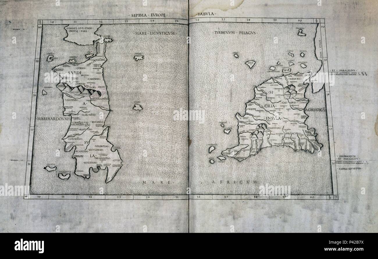 MAPA DE SICILIA Y CERDEÑA. Autore : Claudio Tolomeo (100-170). Posizione: Academia de la historia-COLECCION, MADRID, Spagna. Foto Stock