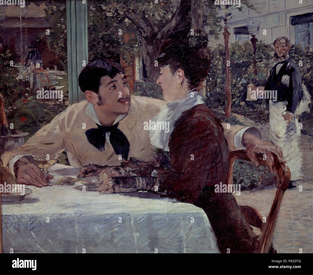 Il Giardino di Pere Lathuille - 1879 - 92x112 cm - Olio su tela - impressionismo francese. Autore: Edouard Manet (1832-1883). Posizione: Museo de Tournai. Noto anche come: QUERIDO LETHUILLE O PAREJA EN CASA DE PERE LATUILLE. Foto Stock