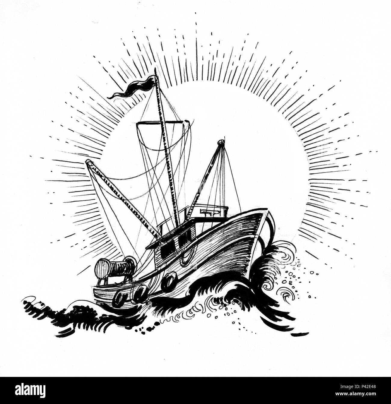 Trawler Imbarcazione In Mare Tempestoso Linchiostro Bianco