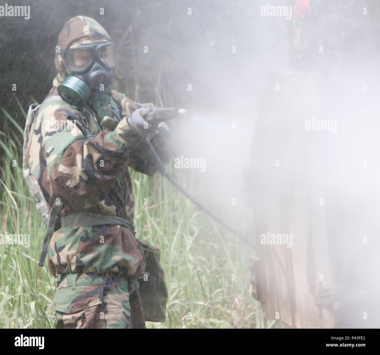 Un soldato da 44º Battaglione chimico decontamina un veicolo durante la fase di esercizio Anakonda 2016 giugno 11. Esercizio Anakonda 2016 è il principale evento di formazione per gli Stati Uniti Esercito e l'Europa delle nazioni partecipanti e dimostra che gli Stati Uniti e i paesi partner possono efficacemente unire insieme sotto un comando unificato mentre la formazione su un scenario contemporaneo. (Foto di Sgt. Dennis vetro) Foto Stock