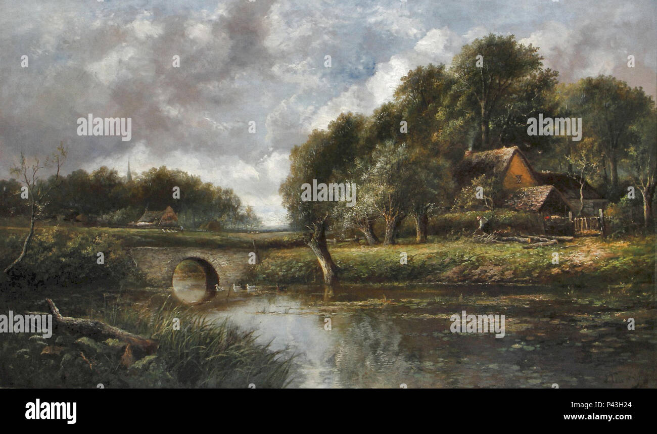 Thors Joseph - Ponte su un flusso con Cottages in background Foto Stock