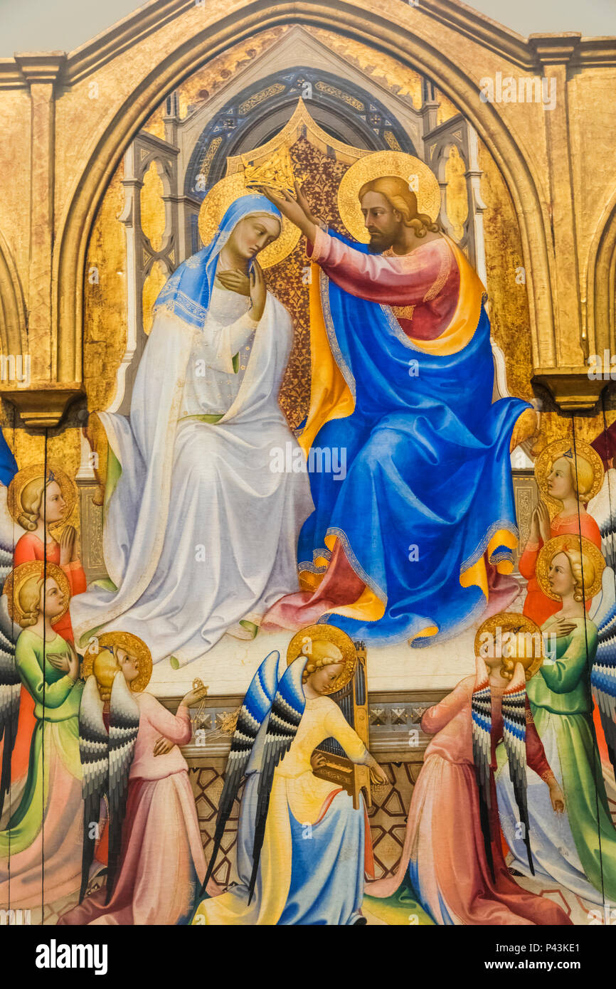 La verniciatura della Incoronazione della Vergine e Santi adorante di Lorenzo Monaco datata 1407 Foto Stock