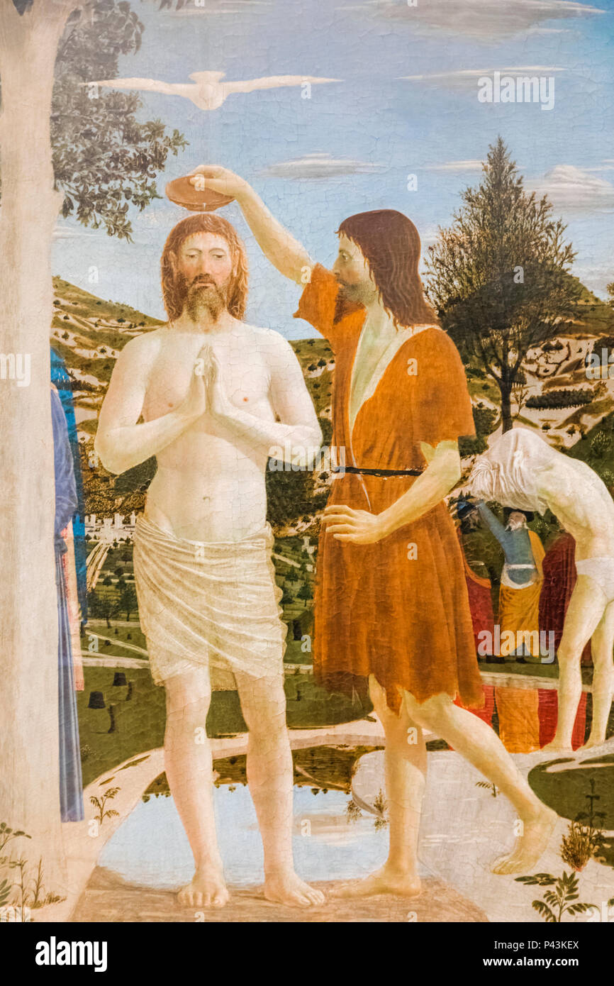 La verniciatura del Battesimo di Cristo di Piero della Francesca datato 1450 Foto Stock