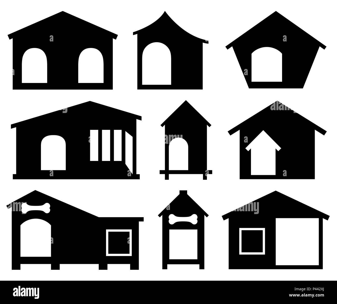 Set di diverse case di cane isolato su bianco Foto Stock