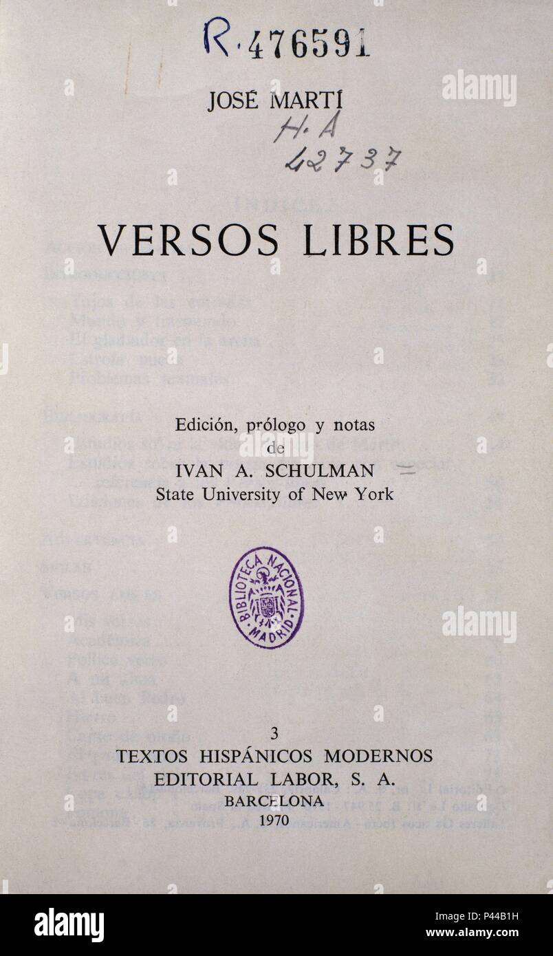 VERSOS LIBRES 1970. Autore: MARTI JOSE. Posizione: Biblioteca Nacional-COLECCION, MADRID, Spagna. Foto Stock
