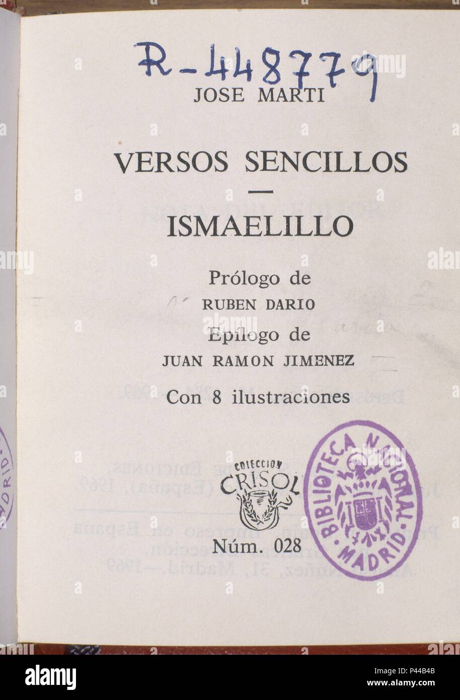 VERSOS SENCILLOS 1969. Autore: MARTI JOSE. Posizione: Biblioteca Nacional-COLECCION, MADRID, Spagna. Foto Stock