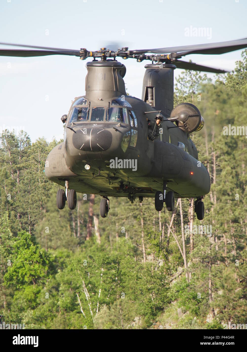 Una repubblica di Singapore Air Force CH-47 Chinook rende un approccio in preparazione di una multinazionale-slingload funzionamento a Mystic Drop Zone, Avanzamento base operativa Custer, a sostegno del Golden Coyote esercizio, 14 giugno 2016. Il Golden Coyote è un esercizio a tre-fase, scenario di esercizio di condotta condotta in Black Hills del Sud Dakota e Wyoming, quali comandanti permette di concentrarsi sulla missione requisiti essenziali per lo svolgimento delle attività e le attività del guerriero e punte di battaglia. (U.S. Foto dell'esercito da 1Lt. Rodolfo D. Saez/rilasciato) Foto Stock