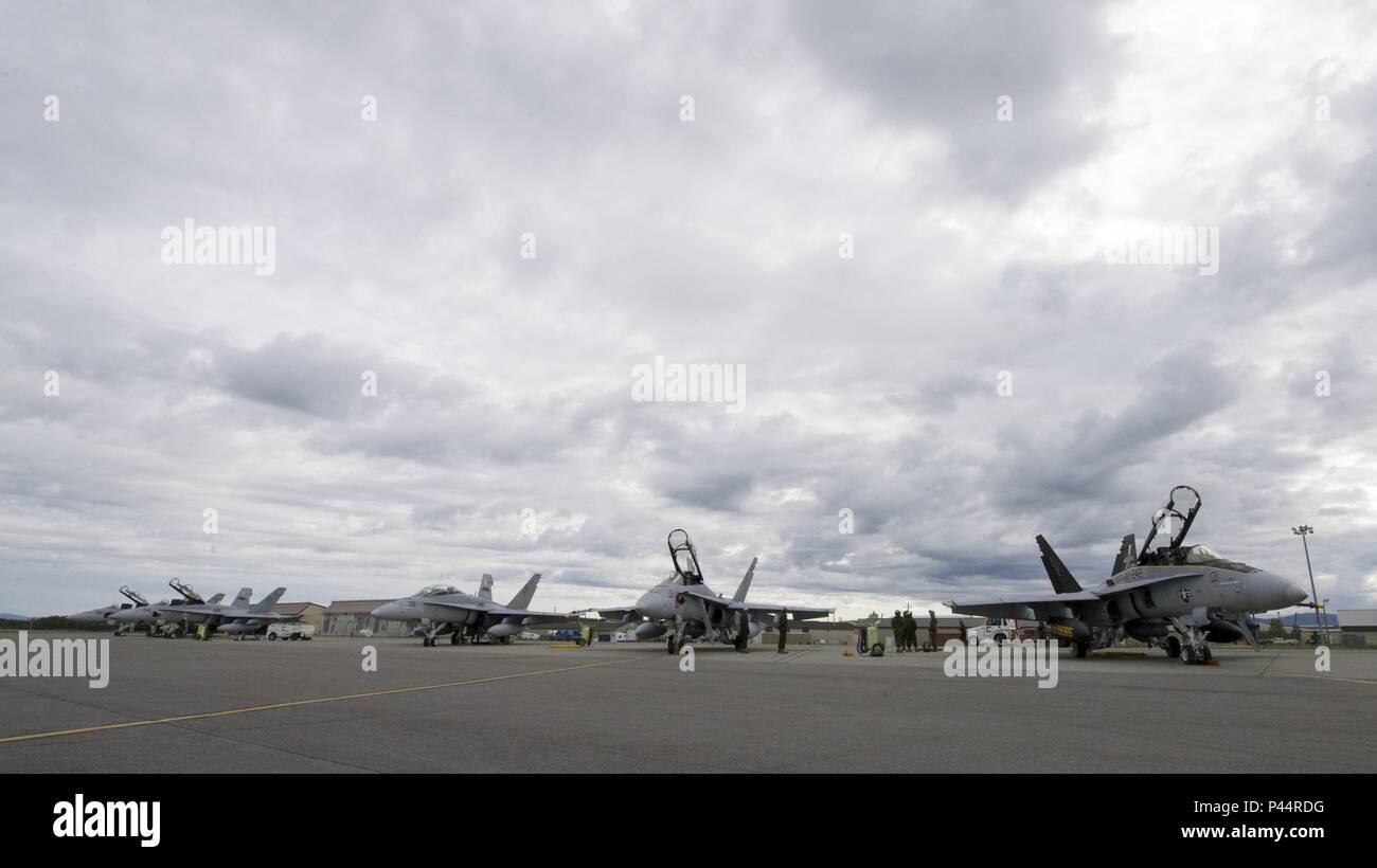 Stati Uniti Marine Corps F-18 calabroni assegnato al fisso per tutte le stagioni Marine Fighter Squadron di attacco 242, Marine Corps Air Station Iwakuni, Giappone, sono pronto prima del loro volo il 7 giugno 2016, durante il Red Flag-Alaska (RF-A) 16-2 a Eielson Air Force Base in Alaska. Questa esercitazione offre opportunità uniche per integrare le varie forze nel giunto, coalizione e formazione multilaterale simulato da inoltrare le basi operative. (U.S. Air Force foto di Airman Isaac Johnson) Foto Stock