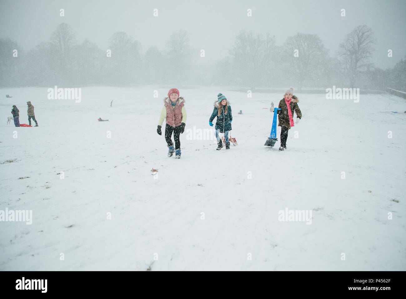 Tre bambine stanno parlando mentre sono fuori a giocare nella neve con slittini. Foto Stock