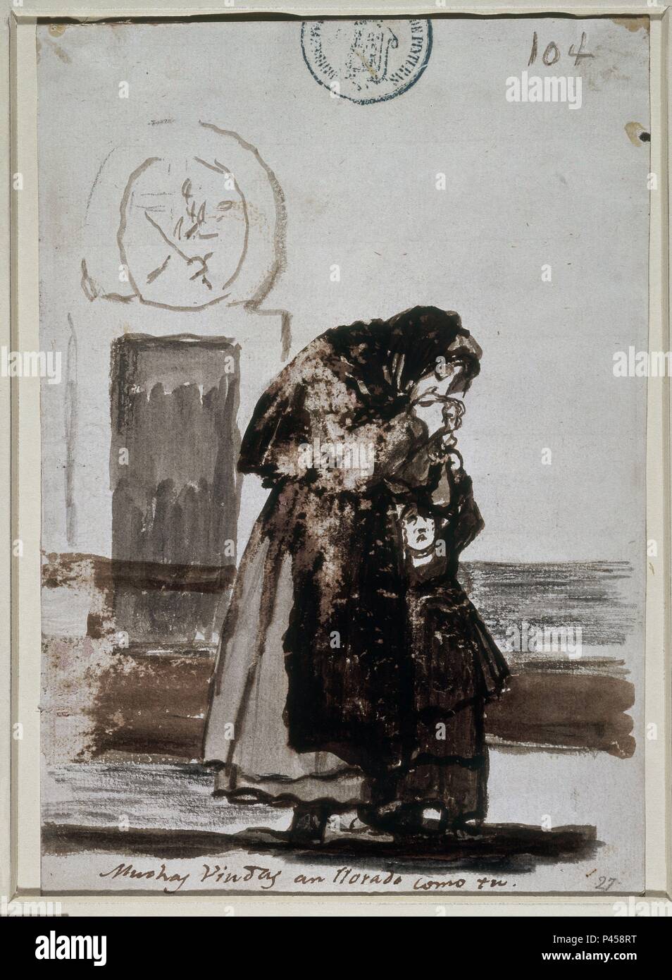 MUCHAS VIUDAS HAN LLORADO COMO TU - ALBUM C, 104 - siglo XIX - AGUADA-seppia - 205x142 mm. Autore: Francisco de Goya (1746-1828). Posizione: Il MUSEO DEL PRADO-DIBUJOS, MADRID, Spagna. Foto Stock