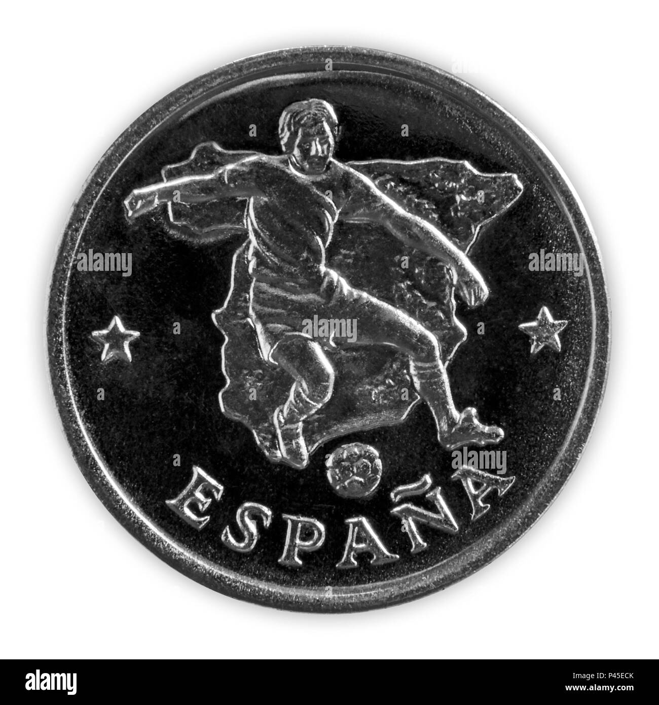 Spagna - Giugno 18, 2018: FIFA World Cup - una moneta commemorativa con un giocatore di football nella squadra spagnola, intitolato Espana, con la mappa della Spagna in ba Foto Stock