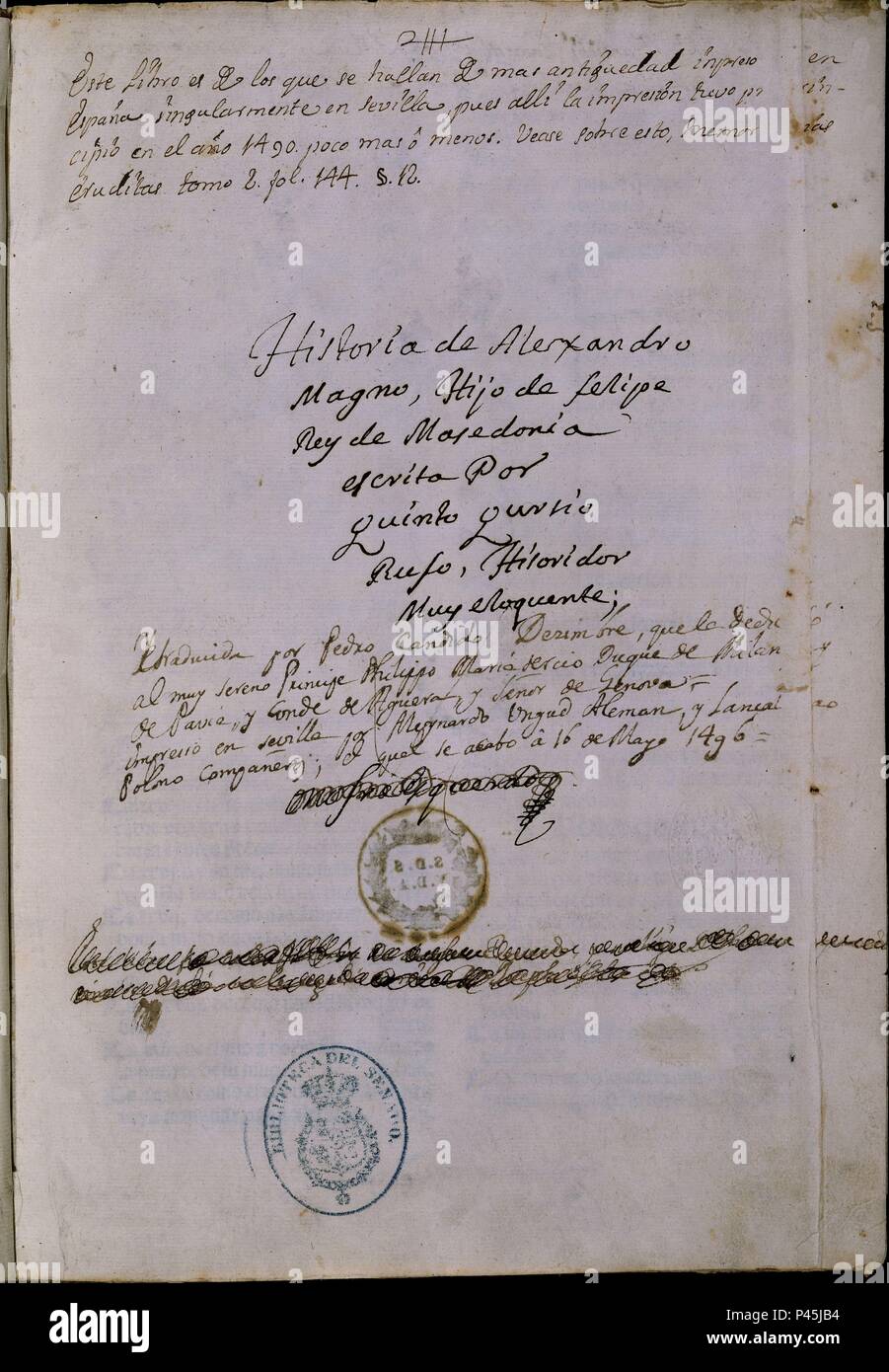 MANUSCRITO del siglo XIX EN LA ANTEPORTADA DEL INCUNABLE HISTORIA DE ALEJANDRO MAGNO EDITADA EN 1496. Autore: CURCIO RUFO QUINTO SIGLO I. UBICAZIONE: SENADO-BIBLIOTECA-COLECCION, MADRID, Spagna. Foto Stock