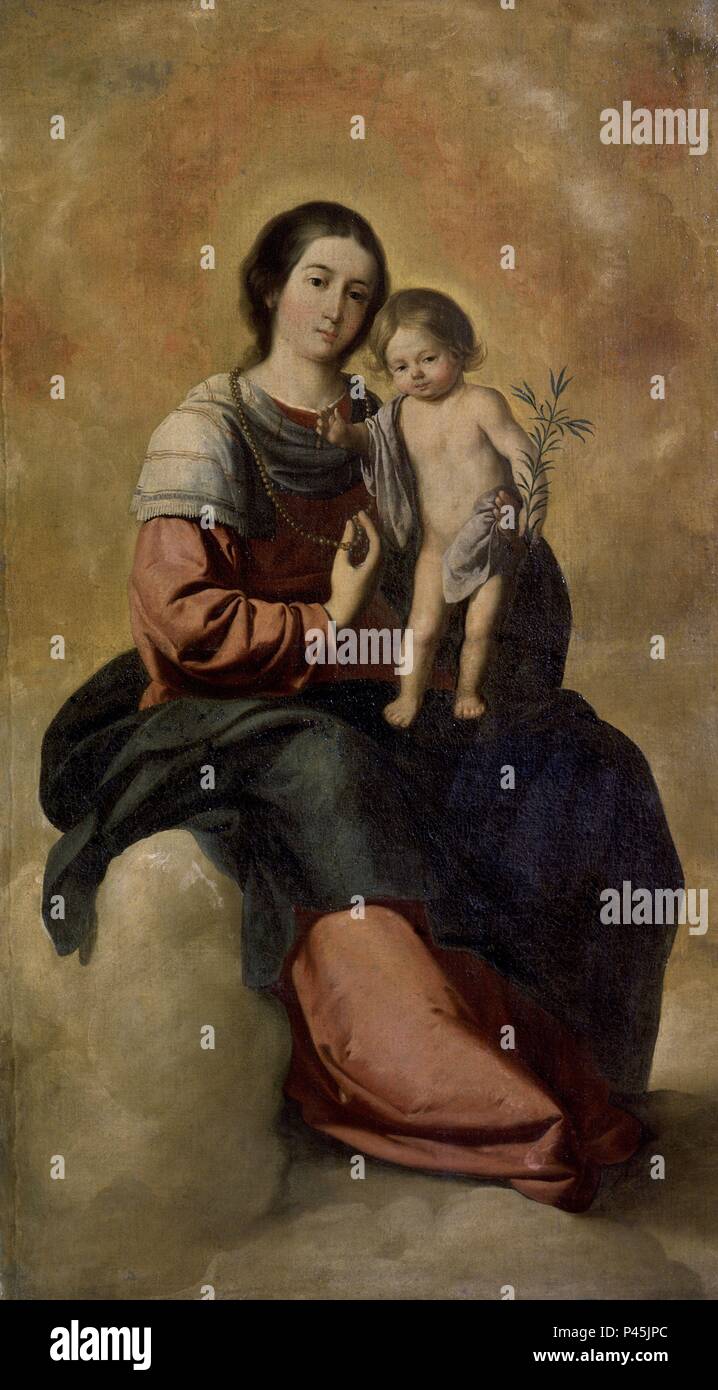 LA VIRGEN DEL ROSARIO CON NIÑO - siglo XVII - BARROCO ESPAÑOL. Autore: Francisco de Zurbaran (c. 1598-1664). Posizione: Museo de Bellas Artes-CONVENTO DE LA MERCED CALZAD, Sevilla, Sevilla, Spagna. Foto Stock