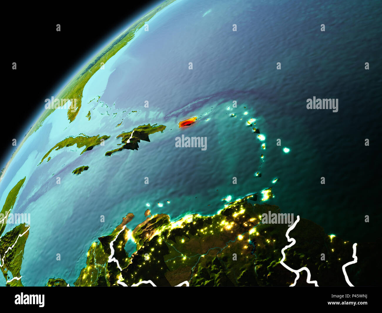Illustrazione di Puerto Rico come visto da orbita terrestre in tarda serata con visibili le linee di confine e luci della citta'. 3D'illustrazione. Gli elementi di questo im Foto Stock