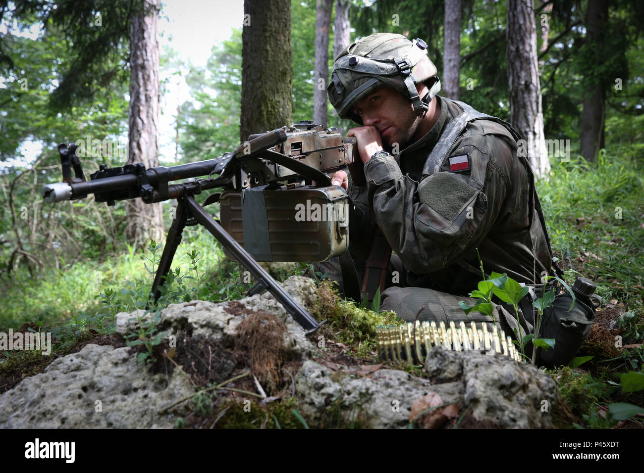 Esercito Polacco PFC. Damian Krochmanl del 6° Brigata Aerea fornisce la sicurezza durante la conduzione di un operazione difensiva durante la risposta rapida 16 formazione esercitare all'Hohenfels Area Formazione, una parte della multinazionale comune disponibilità centro, Hohenfels, Germania, Jun. 19, 2016. Esercizio risposta rapida è uno dei premier militari di risposta alle crisi eventi di formazione per multi-nazionale Airborne Forces nel mondo. Questo esercizio è progettato per ottimizzare la disponibilità del nucleo di combattimento di U.S. Global Response Force - attualmente l'ottantaduesima Airborne Division del primo Brigade Combat Team - per condurre la rap Foto Stock