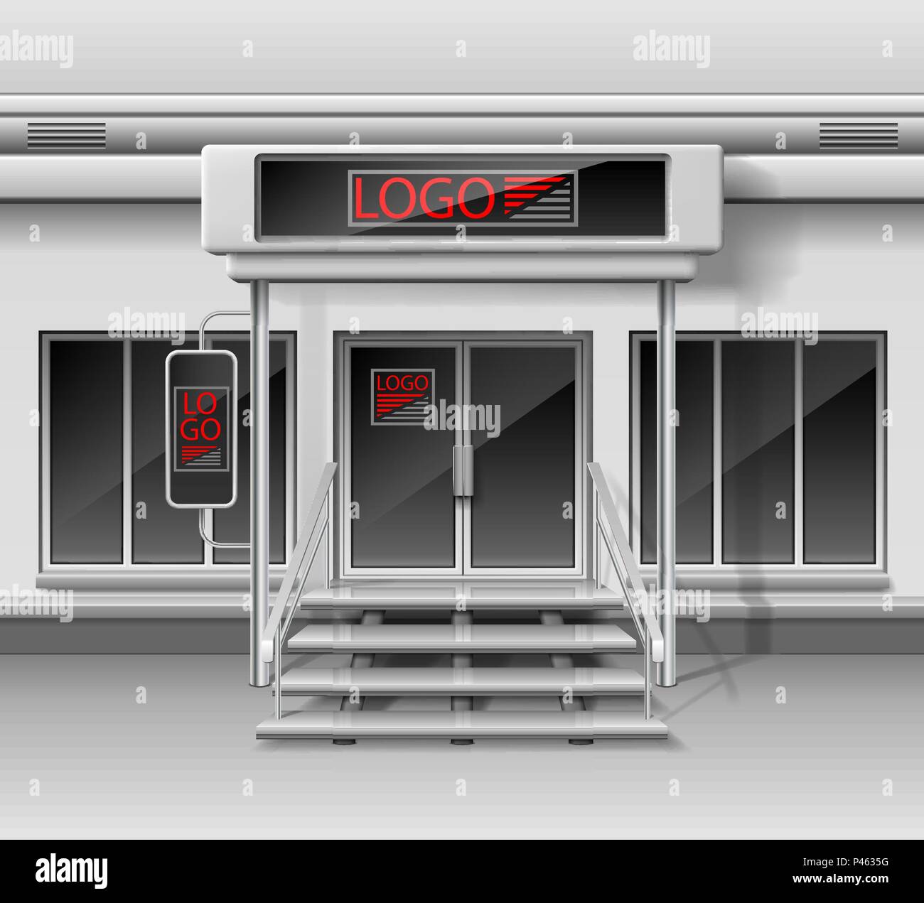 Modello per pubblicità 3d negozio facciata anteriore. Shop esterno con porta, corporate identity. Blank mockup della vetrina e negozio esterno. Illustrazione Vettoriale Illustrazione Vettoriale
