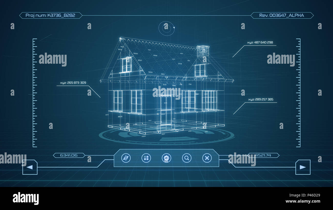 Interfaccia futuristico di un software cad, casa modello wireframe (3d rendering) Foto Stock