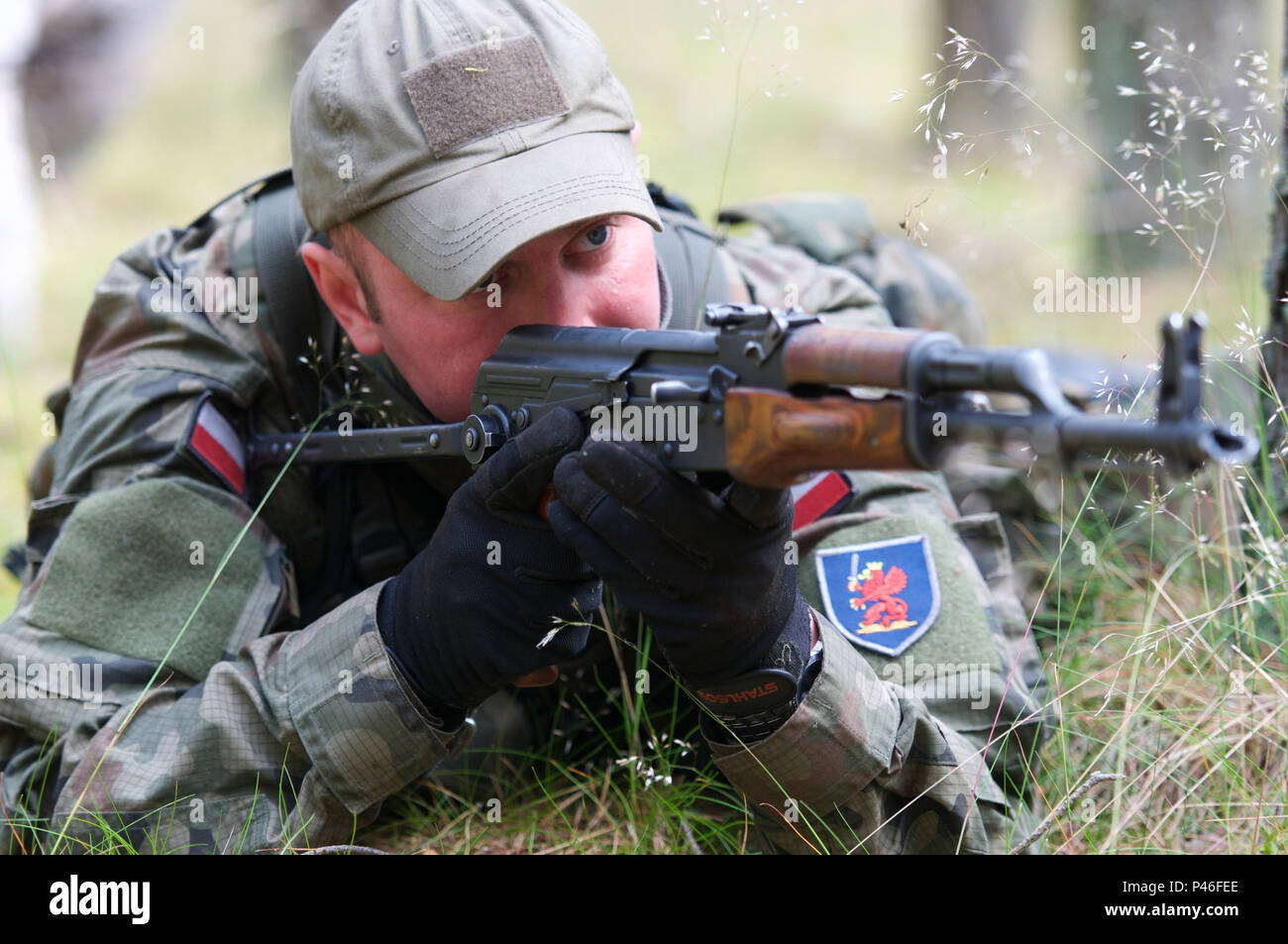 Un polacco Soldato di fanteria pratiche giacenti nel soggetto prima di condurre una qualifica armi led gamma dal 554th Polizia Militare azienda da Stutgart, Germania durante l'esercizio Anakonda 2016 vicino a Chelmno, Polonia, 10 giugno. L'esercizio prevede più di 31.000 partecipanti provenienti da più di 20 nazioni. Anakonda 16 è il principale evento di formazione per gli Stati Uniti Esercito e l'Europa delle nazioni partecipanti e dimostra come gli Stati Uniti e i paesi partner possono efficacemente unire sotto un comando unificato mentre la formazione su scenario contemporaneo. (U.S. Foto dell'esercito da Staff Sgt. Debra Richardson) (rilasciato) Foto Stock