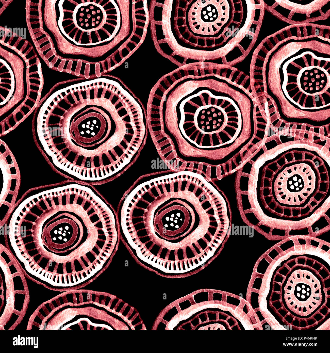Seamless disegno ad acquerello con rosso fiori aborigene su nero Foto Stock