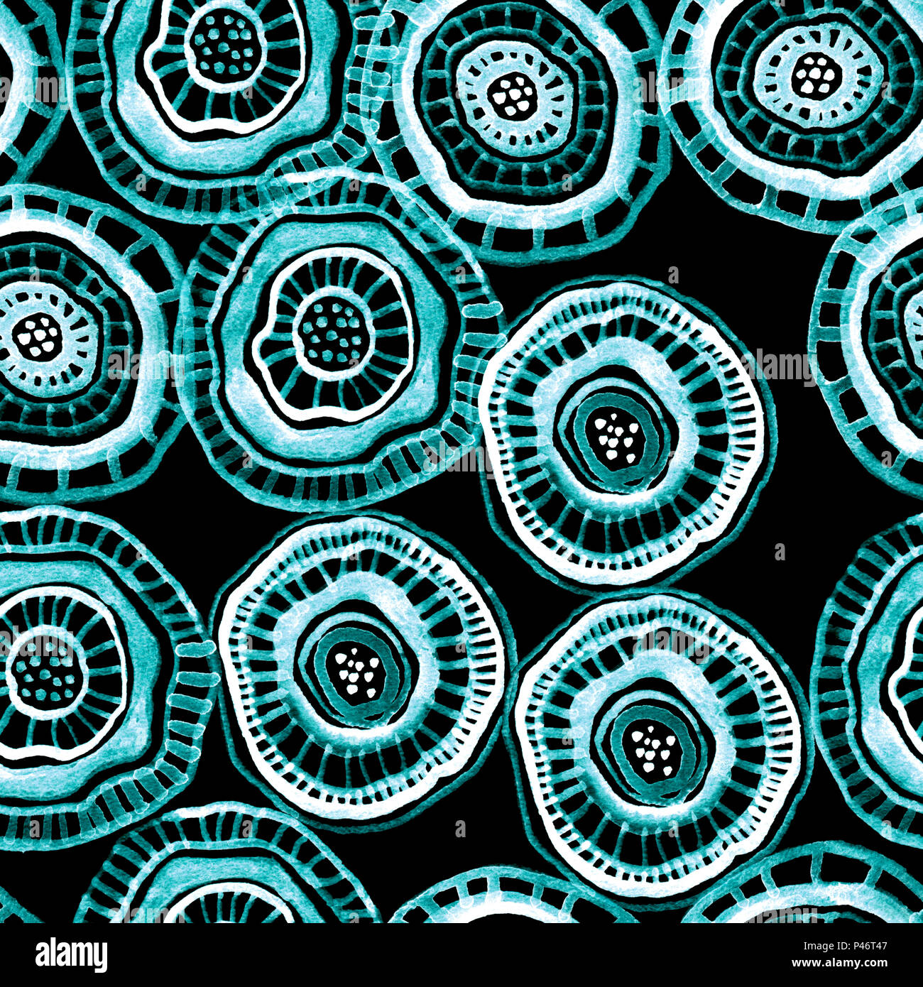 Seamless disegno ad acquerello con la Indigo aborigeno Fiori su fondo nero Foto Stock
