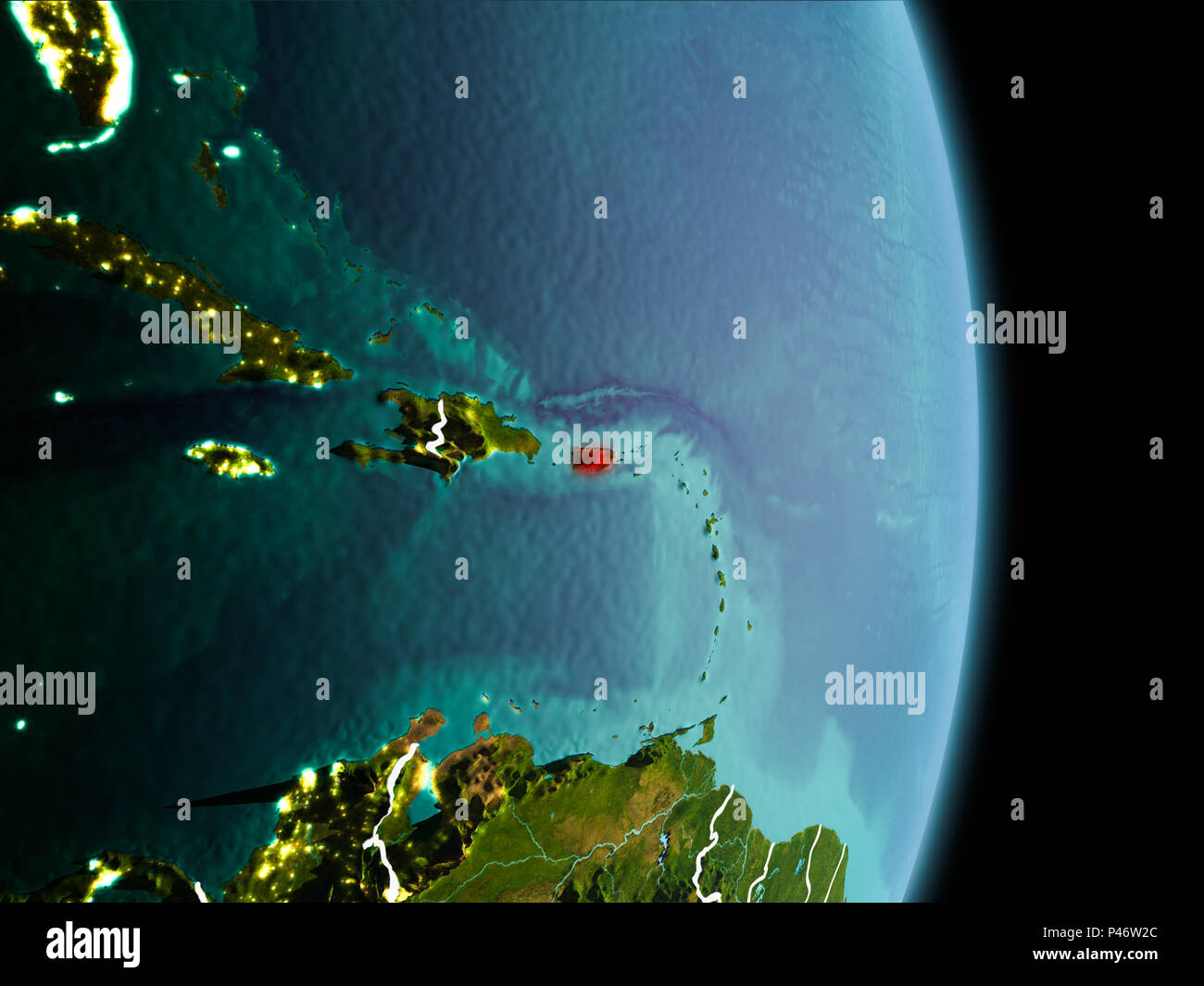 Tv vista la mattina di Puerto Rico ha evidenziato in rosso sul pianeta Terra con visibili le linee di confine e luci della citta'. 3D'illustrazione. Gli elementi di questo Foto Stock