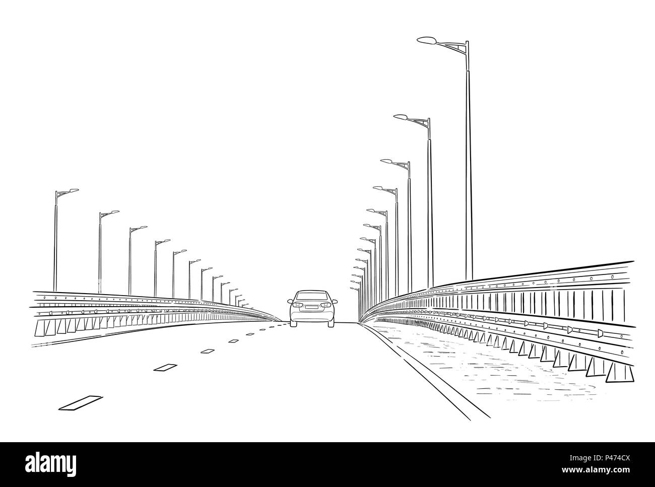 Strada di arte grafica in bianco nero paesaggio schizzo illustrazione vettore Illustrazione Vettoriale