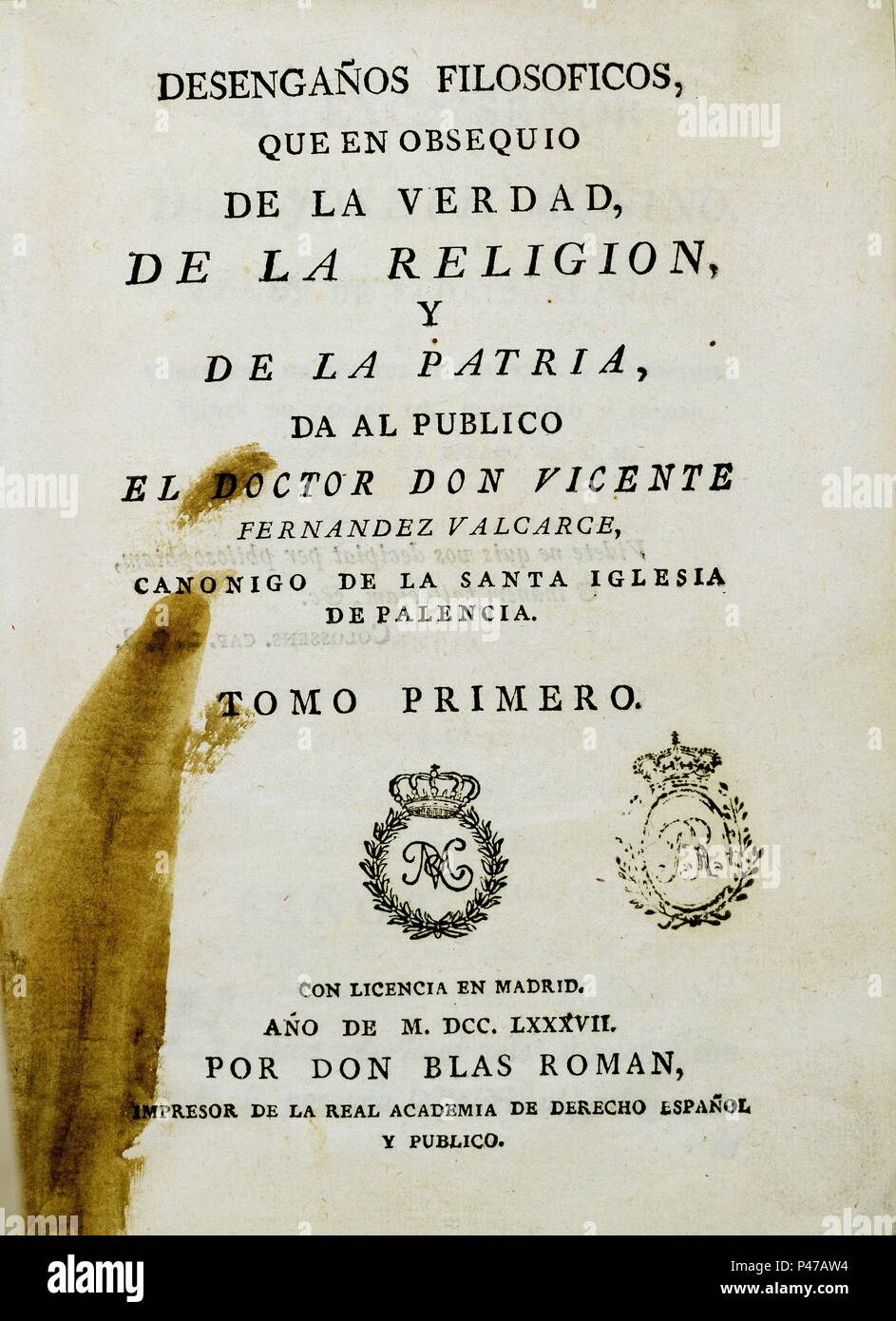 DESENGAÑOS FILOSOFICOS DE LA RELIGIONE Y PATRIA. Autore: FERNANDEZ VALCARCE VICENTE. Posizione: Biblioteca Nacional-COLECCION, MADRID, Spagna. Foto Stock