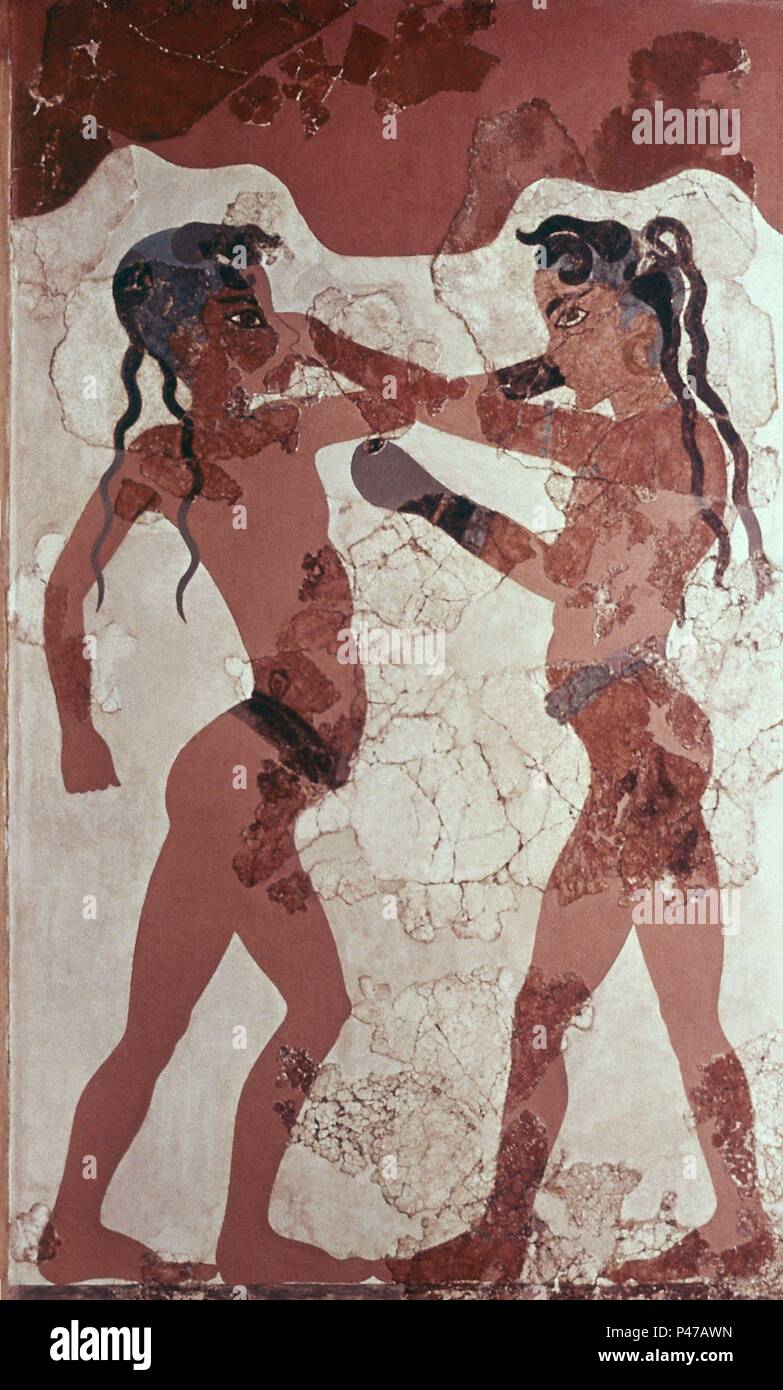 Affresco de los niños BOXEADORES - II MILENIO AC - PROCEDENTE DE LA ISLA DE THERA. Posizione: MUSEO ARQUEOLOGICO-PINTURA, Atene, Grecia. Foto Stock