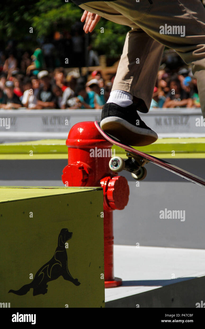 PORTO ALEGRE, RS - 06.12.2014 - ESPORTES - A loja de artigos para pattini Matriz realizou duranti o dia de sábado (06) o seu campeonato Matriz Skate Pro em comemoração ao seu 13˚ aniversário. Os competidores realizaram manobras, deram autógrafos e divertiram una plateia que se amontoava para acompanhar come acrobacias. Foto: Guilherme Testa/FotoArena Foto Stock