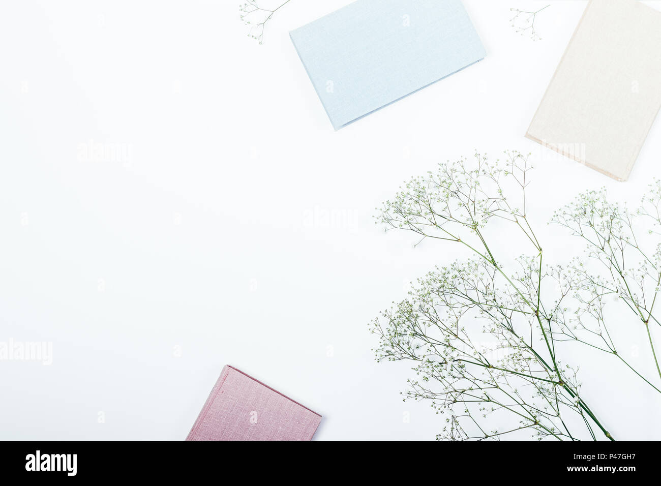 Composizioni floreali di tre colori diversi libri e rametti di gypsophila su sfondo bianco, vista dall'alto. Desktop stilizzata in sfumature pastello con copia Foto Stock