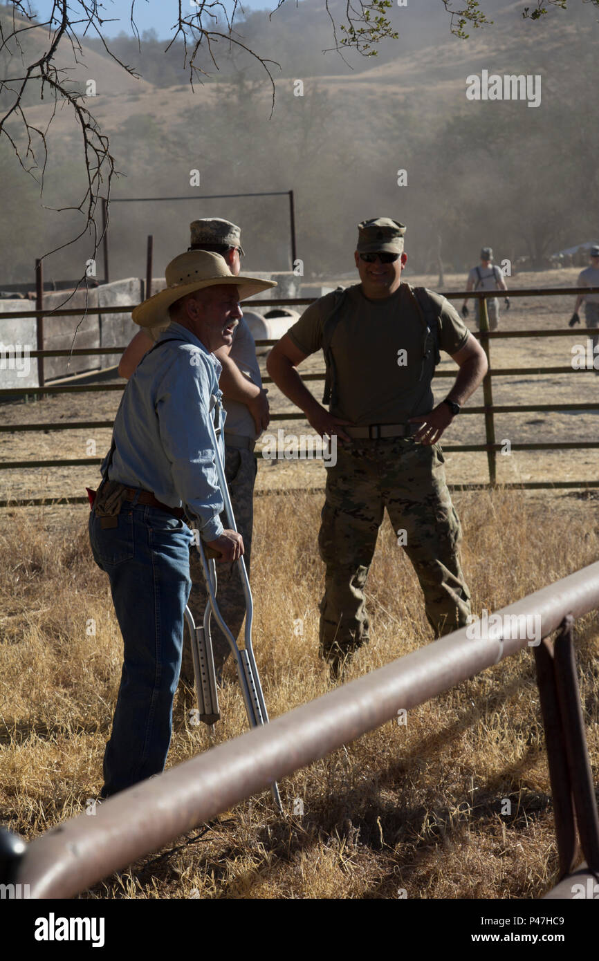 Stati Uniti La riserva di esercito Sgt 1a. Kelly Shuttleworth, 445th Medico Veterinario di distacco di specialisti, indipendenza, Mo., parla con Lester Patterson, Patterson Ranch, Lockwood, California, durante la conduzione di servizi veterinari sul suo bestiame durante il combattimento Supporto Formazione esercizio 91-16-02, Fort Hunter Liggett, California, 20 giugno 2016. Come più grandi DEGLI STATI UNITI La riserva di esercito di esercitazione, CSTX 91-16-02 fornisce soldati con opportunità uniche per affinare le loro conoscenze tecniche e competenze strategiche in combattimento-come le condizioni. (Foto di U.S. Army Sgt. Marty Borton, 367 Mobile degli affari pubblici distacco) Foto Stock