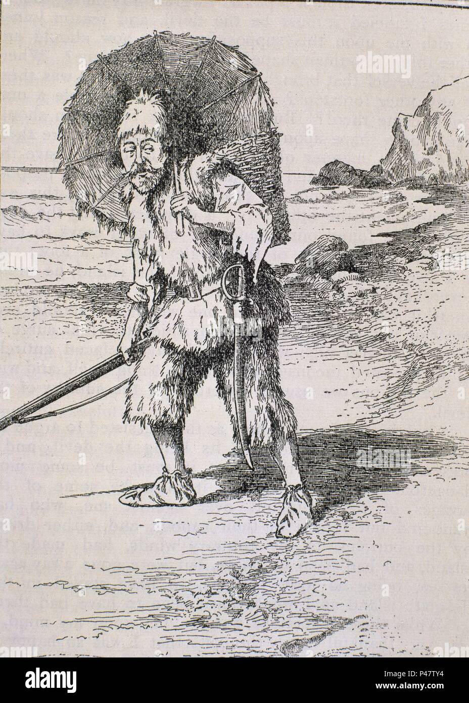 ROBINSON CRUSOE-ILUSTRACION ROBINSON en la isla. Posizione: Biblioteca Nacional-COLECCION, MADRID, Spagna. Foto Stock