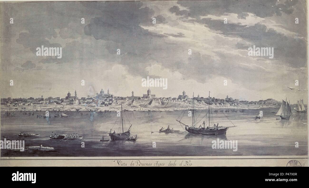 BUENOS AIRES desde el RIO DE LA PLATA - SIGLO XVIII - EXPEDICION MALASPINA. Autore: Fernando Brambila (1763-1832). Posizione: MUSEO NAVAL / MINISTERIO DE MARINA, MADRID, Spagna. Foto Stock