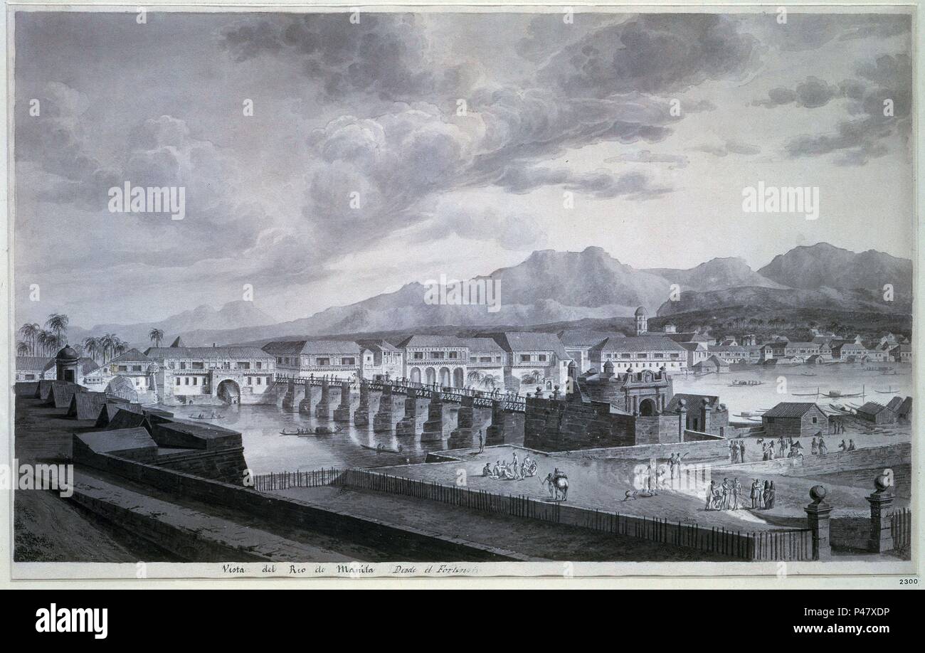 VISTA DEL RIO DE MANILA desde el FORTIN - FILIPINAS - SIGLO XVIII - PLUMA Y AGUADA DE TINTA CINA - EXPEDICION MALASPINA. Autore: Fernando Brambila (1763-1832). Posizione: MUSEO DE AMERICA-COLECCION, MADRID, Spagna. Foto Stock